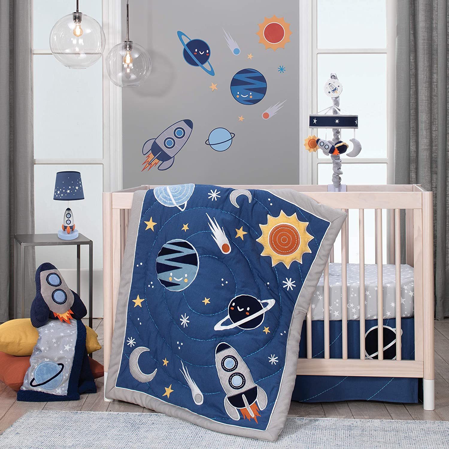 230322144416312_1 Lambs & Ivy Milky Way Space Galaxy 4-Piece Baby Nursery Crib Bedding Set - Blue/Gray - Image 1